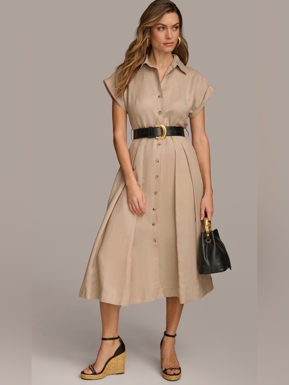 NWT Donna Karan Women's Button Down Short-Sleeve Linen Pockets Dress 12- NO BELT